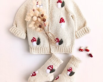 Magical Hand Knitted Embroidered Beige Mushroom Cardigan,Baby Knit Cardigan Sweater,Toddler Newborn For Christmas Gift Set,Mushroom Sweater