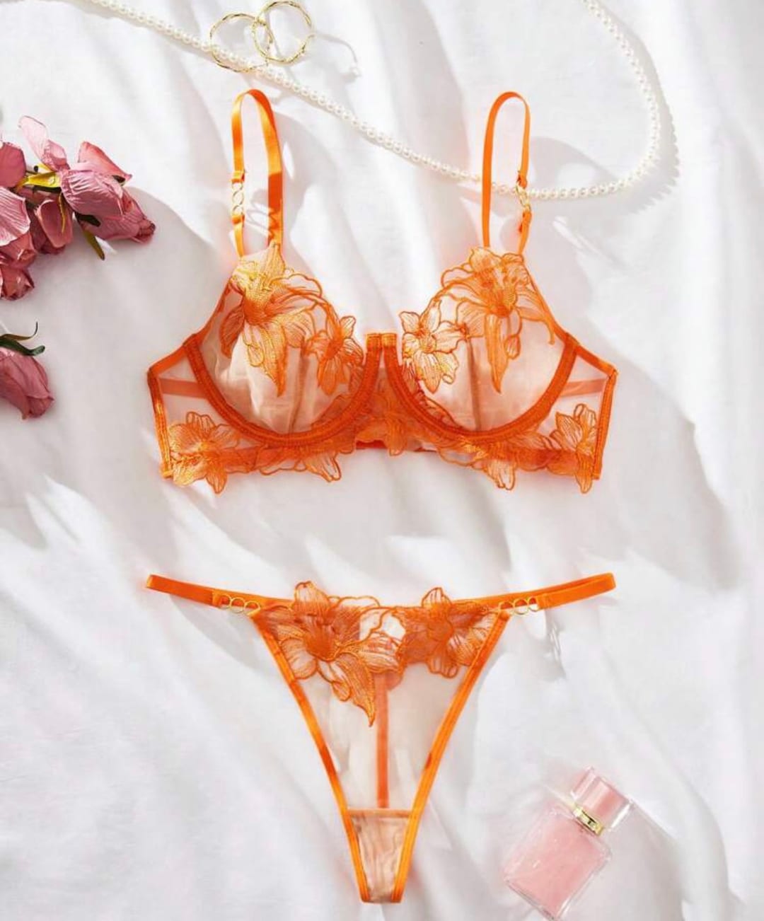 Orange Lingerie Set Embroidery Mesh Underwire Etsy