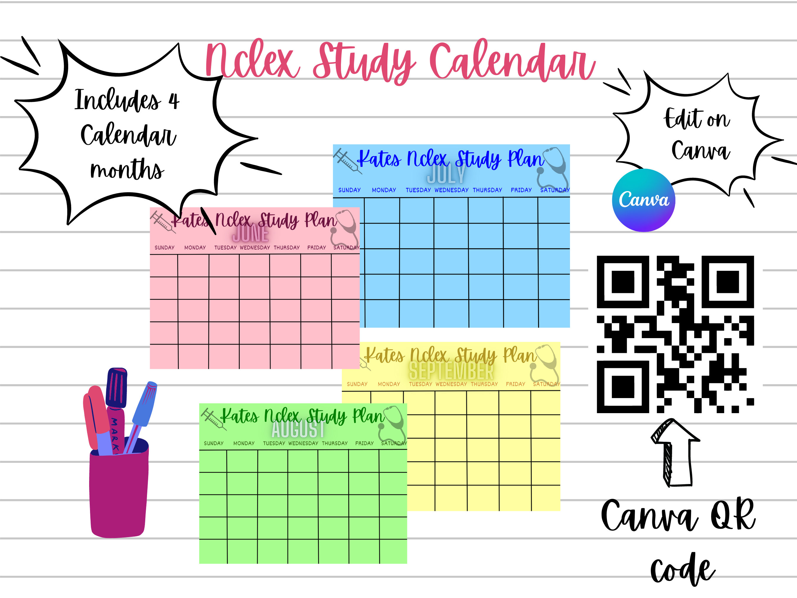 Nclex Study Calendar/ Editable Study Calendar/ 4 months DIY calendar/ Personalizable calendar/Study Calendar/Pass the Nclex/ Canva Printable