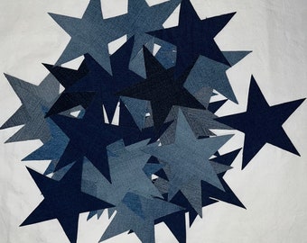 Star-shaped iron-on appliqué made of recycled jeans. 5” star. (packs of 5, 10, or 20 count)