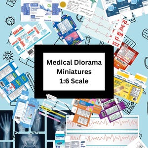 May include: A collection of 1:6 scale medical diorama miniatures featuring flat-packed boxes for latex gloves, face masks, Band-Aid, Advil, Sudafed, Excedrin, and eye drops, alongside a medical licence, patient wristbands, and various X-ray images.
