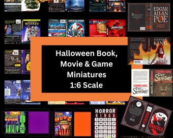 Halloween-boek-, film- en gameminiaturen, poppendiorama, kamerdecoratie, doos, schaal 1:6 / speelschaal, printbare PDF, digitale download, fantasiespel.