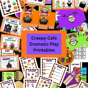 Peut inclure: Un ensemble de jeux de rôle imprimables Creepy Cafe avec des panneaux, menus et boîtes à friandises sur le thème d'Halloween en orange, violet et noir. Il comprend des illustrations de chaudrons, fantômes, chauves-souris et nourriture.
