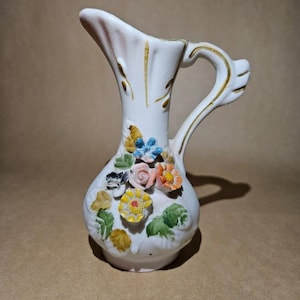 Vintage Ceramic Pitcher, Miniature Floral White Vase