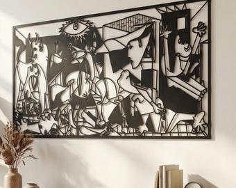 May include: A rectangular black metal wall art piece featuring a complex, abstract, and fragmented line-art composition inspired by Guernica. The design includes stylized figures, an eye, and geometric shapes, mounted on a plain off-white wall.