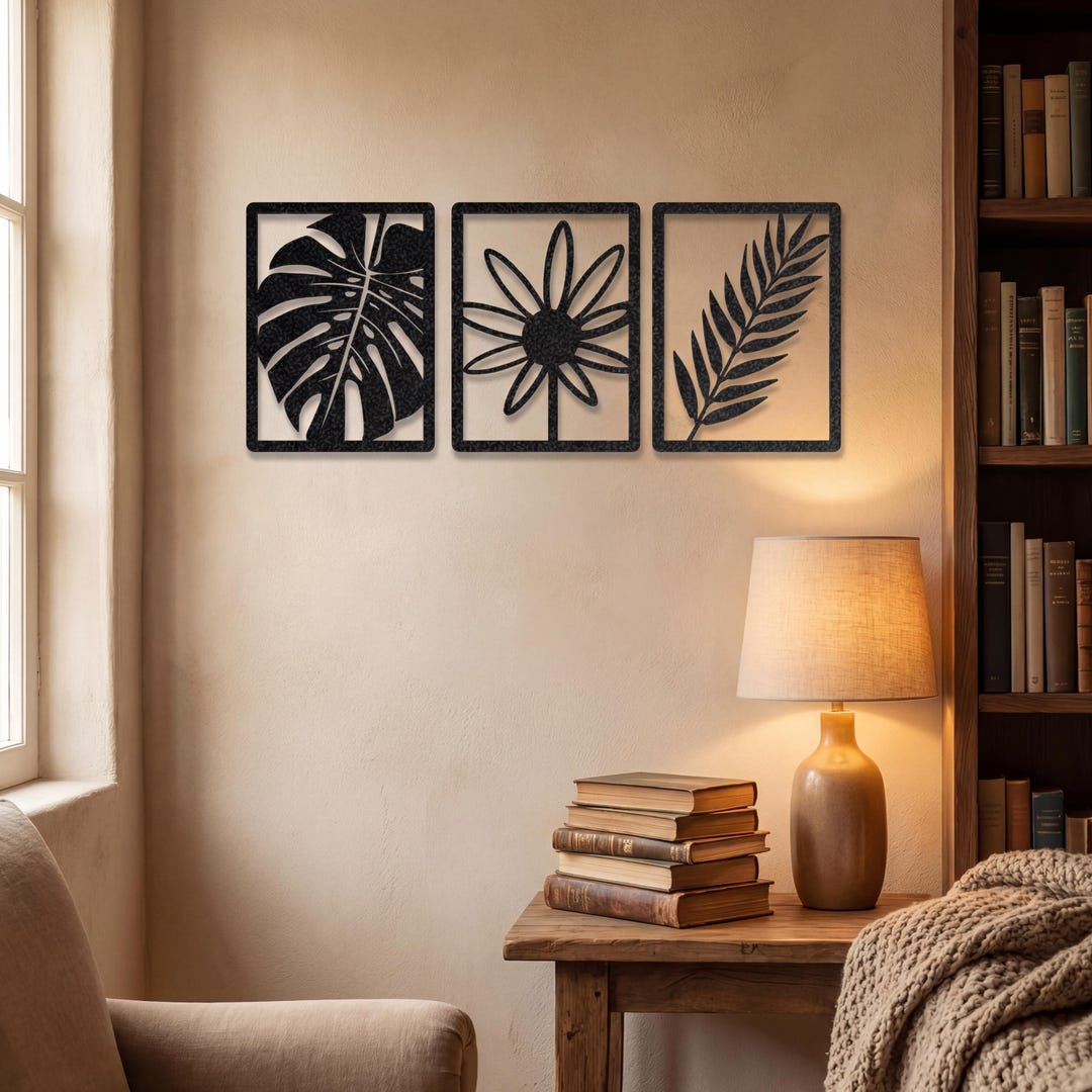Botanical Metal Wall Art Set of 3, Monstera Flower Leaf Decor, Black ...