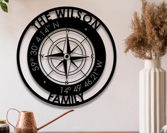 Custom Compass Metal Wall Art: Personalized Family Name, Nautical Decor