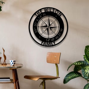 Custom Compass Metal Wall Art Personalized Family Name Sign Nautical Coordinates Decor Rustic Patina Compass Design Birthday Gift