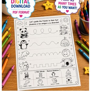 Peut inclure: Une feuille d'activités imprimable avec des dessins au trait noir et blanc d'animaux et d'objets accompagnés de tracés en pointillés. Le texte inclut Let's guide the friends to their fun! et New Words avec des étiquettes de vocabulaire.