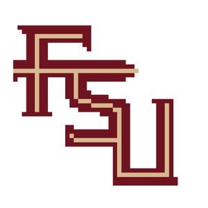 Puede incluir: Logotipo pixelado burdeos y dorado de las letras "FSU" sobre fondo blanco. La "F" y la "S" están conectadas, la "U" está separada a la derecha. El diseño tiene una estética retro y digital.