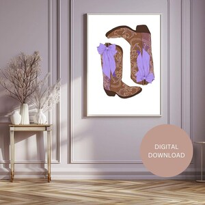 Stiefel und Schleifen Wandkunst, Cowgirl Wanddekor, rosa Wanddekor, niedliche digitale Wandkunst, Cowgirl ästhetische Wandkunst, Bogen Wanddekor, Wohndekor