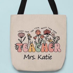 Custom Name Teacher Tote Bag, Personalized Teacher Tote Bag, Wildflower Teacher Tote Bag, Teacher Tote Bag, Teacher Gift Bag, Teacher Gift