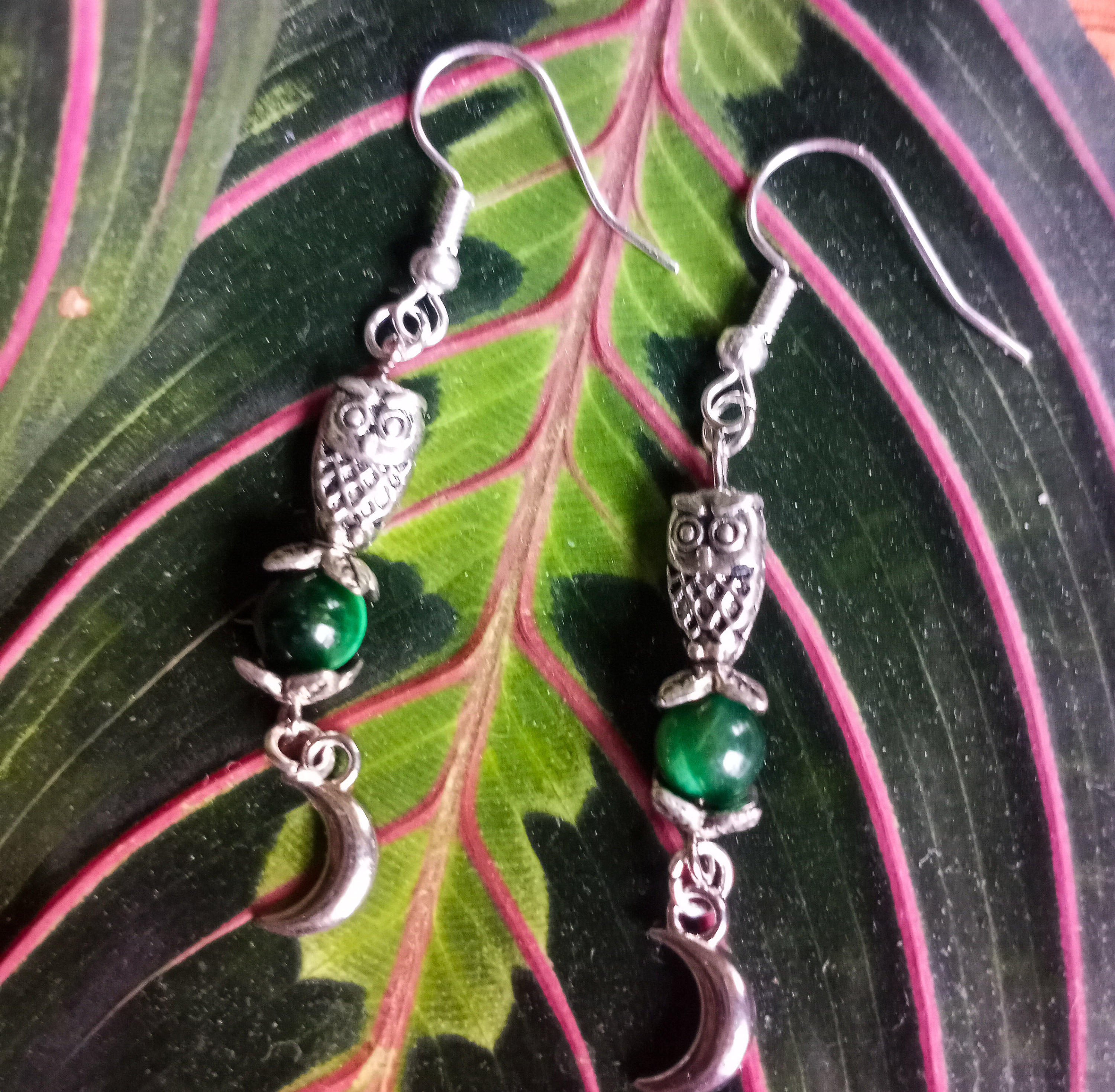 Owl and Moon Earrings with Green Jasper