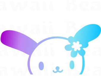 May include: A graphic illustration of a rabbit head with long ears, featuring a purple to blue gradient colour scheme. The rabbit has a small flower detail on one ear and a simple face design. The text Kawaii Beam is repeated in the background.