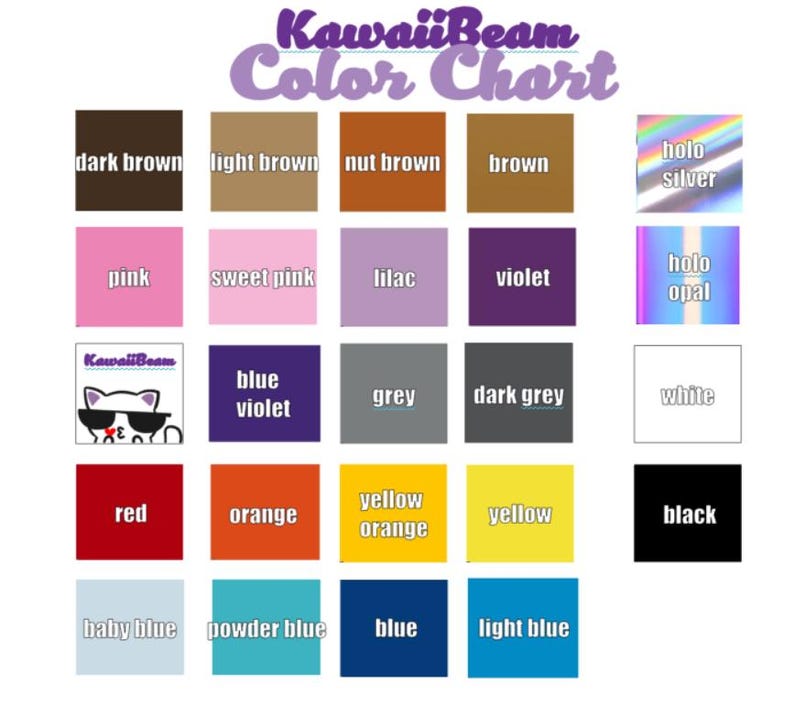 May include: A KawaiiBeam colour chart featuring a grid of twenty-four square colour swatches with text labels including dark brown, light brown, nut brown, brown, holo silver, holo opal, pink, sweet pink, lilac, violet, blue violet, grey, dark grey, white, red, orange, yellow orange, yellow, black, baby blue, powder blue, blue, and light blue, plus a cat logo.