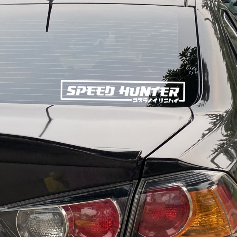 Speed hunter with Japanese (katakana) text car window, windshield, bumper vinyl decal