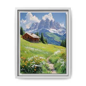 Italien Reise Poster, Dolomiten Kunstdruck, Italien Landschaft Drucke, Italienische Landschaft Leinwand, Berg Ölgemälde, Blumenwiese, rustikale Kunst