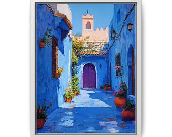 Blue Moroccan Painting, Moroccan Wall Art, Boho Home Decor, Travel Inspired Artwork