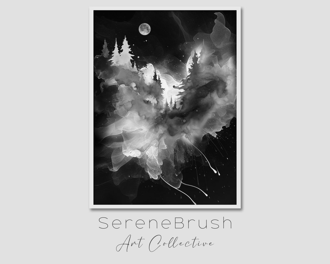 Tree and Moon Print, Black White Forest Art, Abstract Forest, Moon and