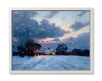 Winter Sunset Snowscape Art Print – Serene Landscape, Cozy Home Decor