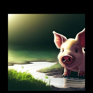 May include: A pink piglet stands in a shallow pool of water, looking directly at the viewer with a curious expression. The piglet has a light brown patch of fur on its head. The background is a blurry green forest.
