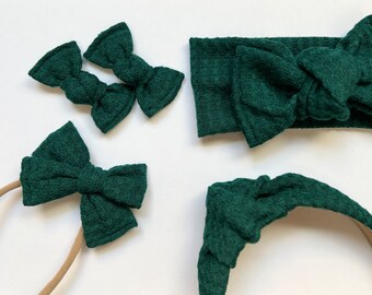 Pine Waffle Headband, green waffle headband, green waffle bow, green waffle nylon bow, green knotted headband, Christmas bow