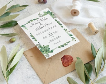 Greenery Wedding Invitation Template | Editable Invite | Green Leaves Wedding Invitation | Printable Wedding Invite | Edit With Canva