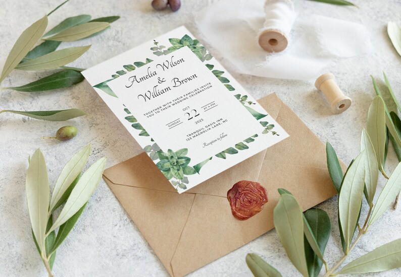 Greenery Wedding Invitation Template Editable Invite Green Leaves Wedding Invitation Printable Wedding Invite Edit With Canva image 1