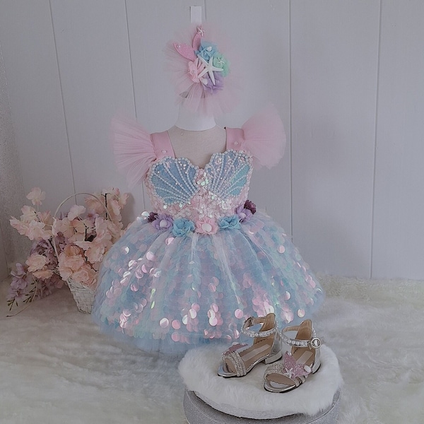 mermaid,disney dress,gift dress for girls,pink+baby blue mermaid,first birthday dress,birthday dress,photoshoot ,party dress,tutu dress