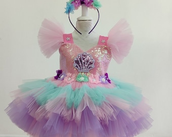 mermaid,pink mermaid,first birthday dress,mermaid with oysters,birthday dress, photo shoot dress, party dress, gift dress for girls