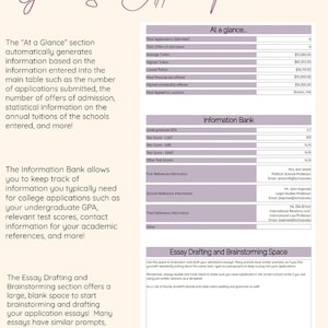 Op de afbeelding: Een roze en wit document met de titel "Graduate School Application Tracker". Het document is onderverdeeld in secties met koppen zoals "In een oogopslag", "Informatiebank" en "Ruimte voor het opstellen en brainstormen van essays".