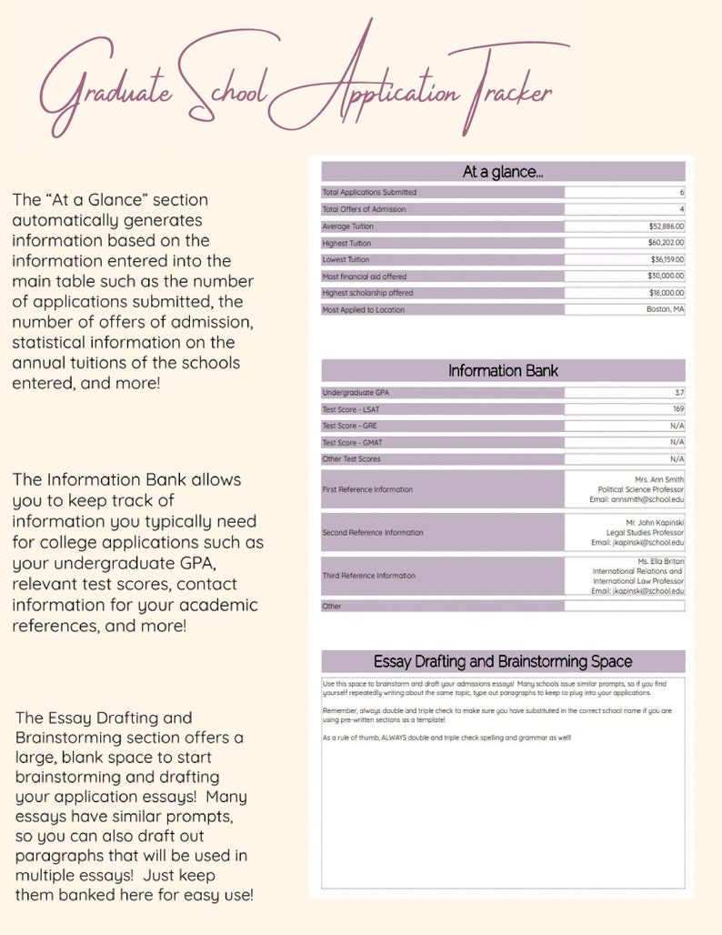 Op de afbeelding: Een roze en wit document met de titel "Graduate School Application Tracker". Het document is onderverdeeld in secties met koppen zoals "In een oogopslag", "Informatiebank" en "Ruimte voor het opstellen en brainstormen van essays".