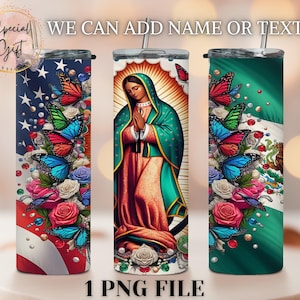 Emballage de gobelet Vierge de Guadalupe Drapeau mexicain et américain Png Cadeau religieux design Notre-Dame de Guadalupe pour elle DESIGN MOSAQUE Png