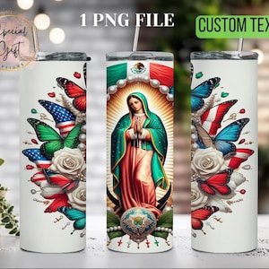 Emballage de gobelet Vierge de Guadalupe Drapeau mexicain et américain Png Cadeau religieux design Notre-Dame de Guadalupe pour elle DESIGN MOSAQUE Png