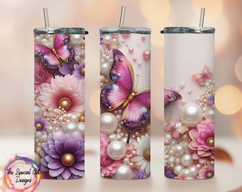 3D PINK and PURPLE Flowers Tumbler Wrap Purple and Pink Flowers Tumbler Wrap PNG 3D Butterflies Tumbler Wrap Png 3D Pearls Tumbler Design
