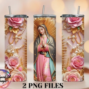 3D VIRGEN DE GUADALUPE Tumbler Wrap Png La Guadalupana Tumbler Wrap Png Diseño de la Virgen de Guadalupe con Flores Vaso de Flores 3D