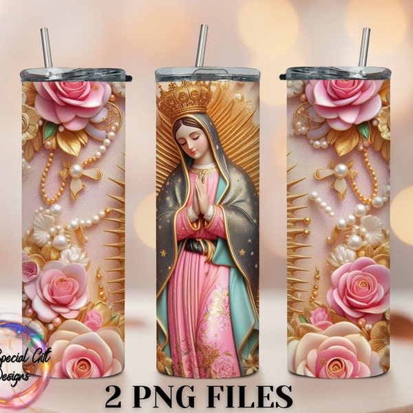 3D VIRGEN DE GUADALUPE Tumbler Wrap Png La Guadalupana Tumbler Wrap Png Design of the Virgin of Guadalupe with Flowers 3D Flowers Tumbler