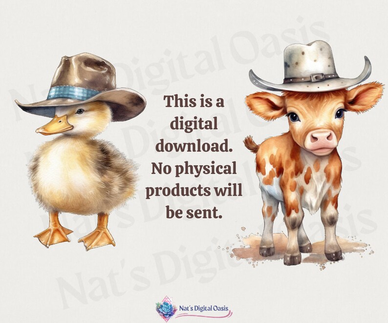 Watercolor Baby Farm Animals in Cowboy Hats PNG Clipart Bundle Bunny ...