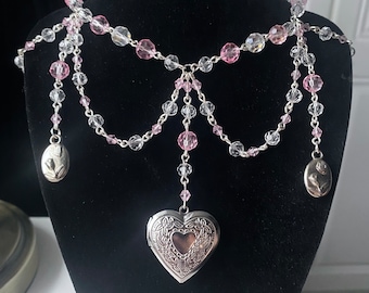 Pink and crystal clear beaded necklace, heart locket layered necklace.