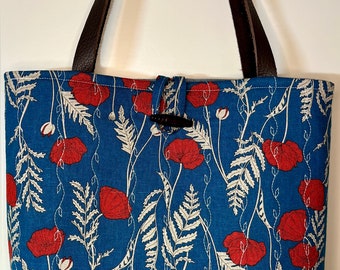 Quilted Tote Bag/Purse | red poppy cotton/canvas, leather strap | Handmade