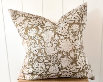 Floral Handblock Pillow Cover | Olive Designer Fabric | Modern Farmhouse | Neutral Home Decor | 18x18 | 20x20 | 22x22 | Lumbar | Layla