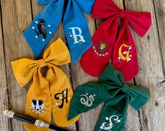 Embroidered Wizarding School Hair Bow – Coquette Style Ribbon, House Pride Accessory
