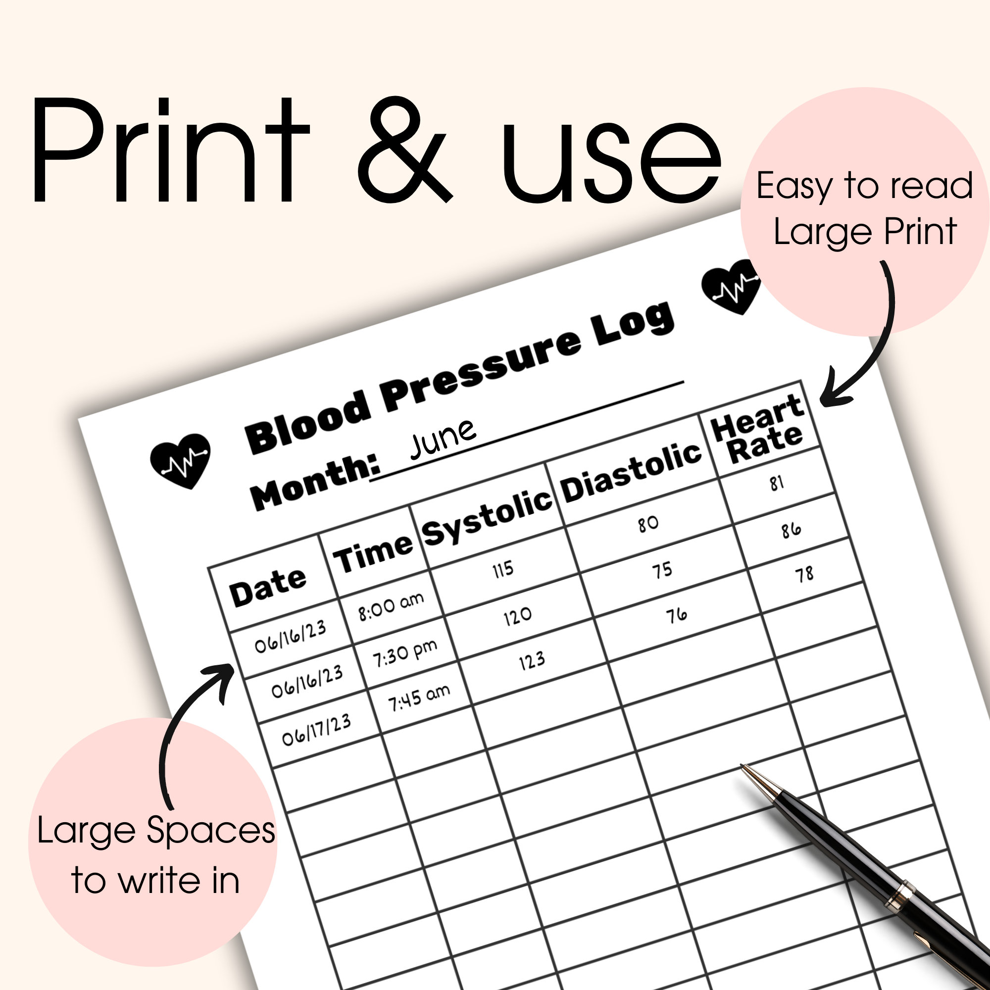 Large Print Blood Pressure Log, Printable Blood Pressure Tracker