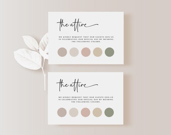 Modelo de cartão de traje de casamento, cartão de informações para convidados, cartão de código de vestimenta com paleta de cores, minimalista moderno, editável e personalizável