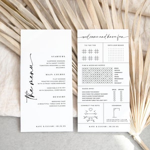 Minimalistisches Menü-Aktivitäten-Blatt, bearbeitbare Hochzeitstischspiel-Vorlage, Aufnahmespielidee, modernes anpassbares Menüspielblatt