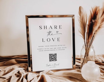 Share The Love Photo QR Code Sign Template |  Editable Capture The Love Photo Sign | Modern Minimalist Wedding | Instant Download