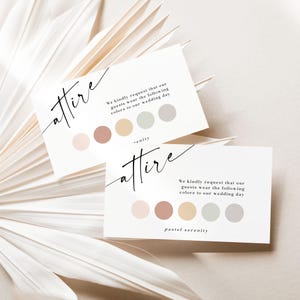 Modèle de carte pour pièce jointe pour tenue de mariage, carte d'insertion modifiable, graphique d'informations sur le code vestimentaire, indication de la palette de couleurs pour les invités, personnalisable