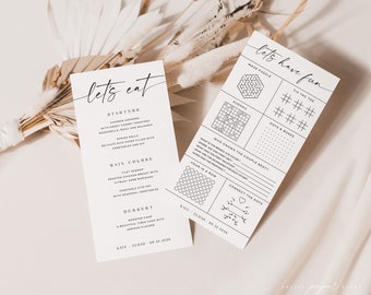 Minimalist Menu Template With Table Games, Activity Sheet, Table Games For Guests, Editable And Customizable, Reception Games