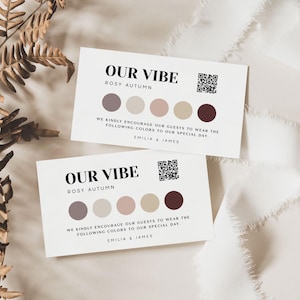 Biglietto per abito da sposa Boho con codice QR, biglietto con inserto tavolozza colori per gli ospiti, personalizzabile, grafica delle nostre informazioni sull'atmosfera, moodboard modificabile