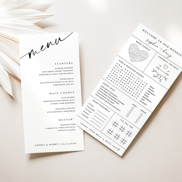 Modern Wedding Menu With Table Games, Wedding Activity Game Sheet, Customizable Reception Games, Editable Menu Game Ideas